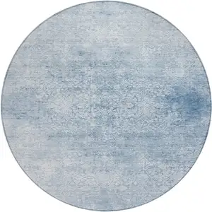 Photo of 8' Sky Blue And Ivory Round Floral Medallion Washable Indoor Outdoor Area Rug