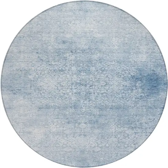 8' Sky Blue And Ivory Round Floral Medallion Washable Indoor Outdoor Area Rug Photo 1