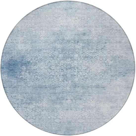 8' Sky Blue And Ivory Round Floral Medallion Washable Indoor Outdoor Area Rug Photo 3