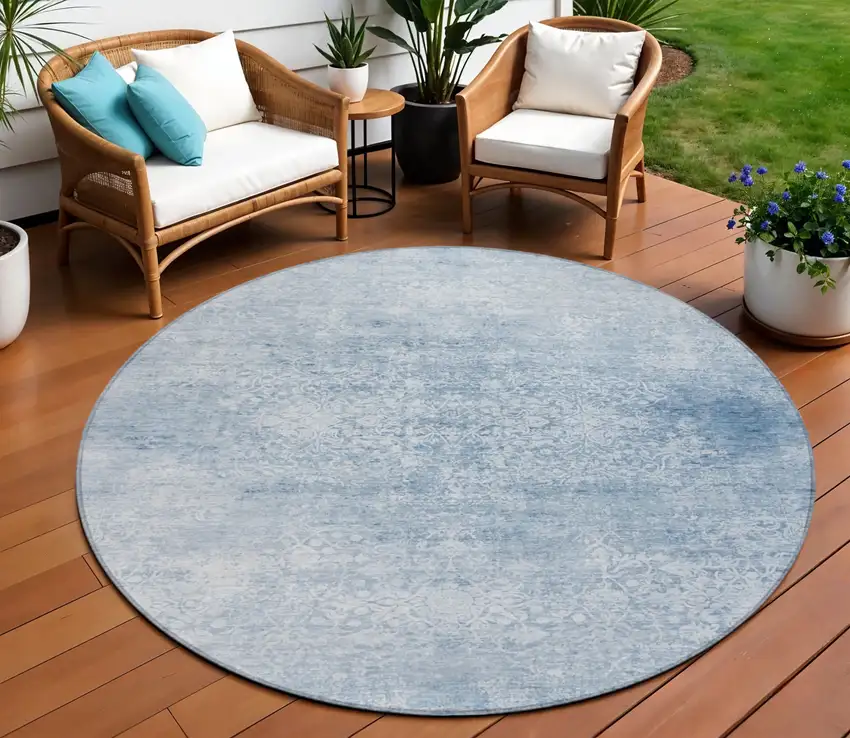 8' Sky Blue And Ivory Round Floral Medallion Washable Indoor Outdoor Area Rug Photo 2