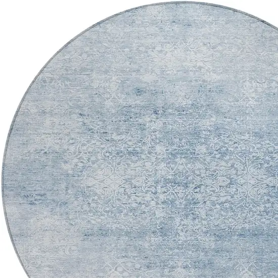 8' Sky Blue And Ivory Round Floral Medallion Washable Indoor Outdoor Area Rug Photo 8