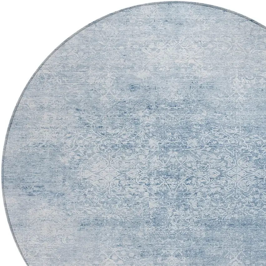 8' Sky Blue And Ivory Round Floral Medallion Washable Indoor Outdoor Area Rug Photo 8