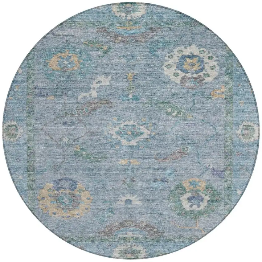 8' Sky Blue And Ivory Round Floral Medallion Washable Indoor Outdoor Area Rug Photo 4