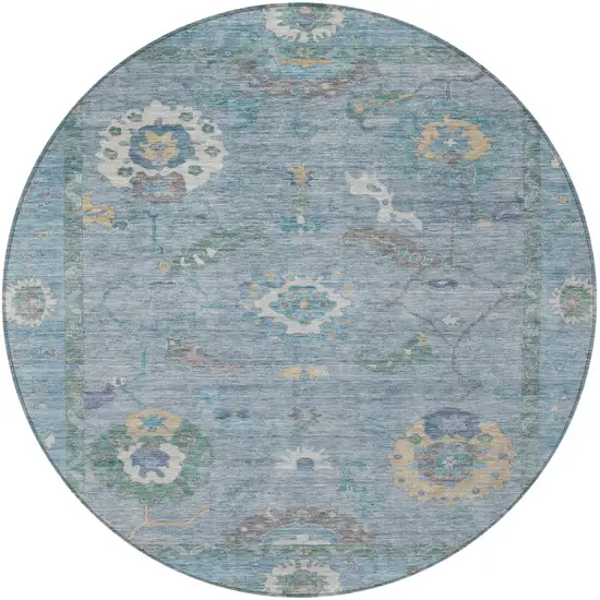 8' Sky Blue And Ivory Round Floral Medallion Washable Indoor Outdoor Area Rug Photo 5