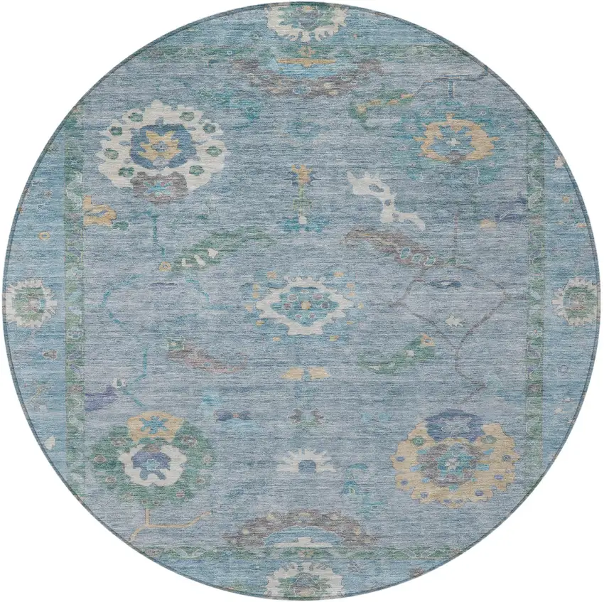 8' Sky Blue And Ivory Round Floral Medallion Washable Indoor Outdoor Area Rug Photo 5