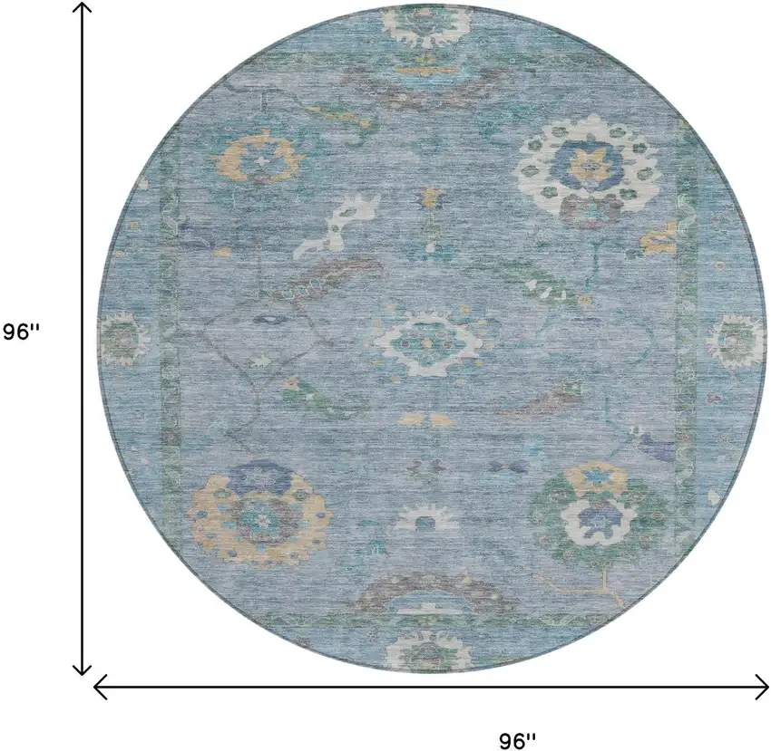 8' Sky Blue And Ivory Round Floral Medallion Washable Indoor Outdoor Area Rug Photo 3