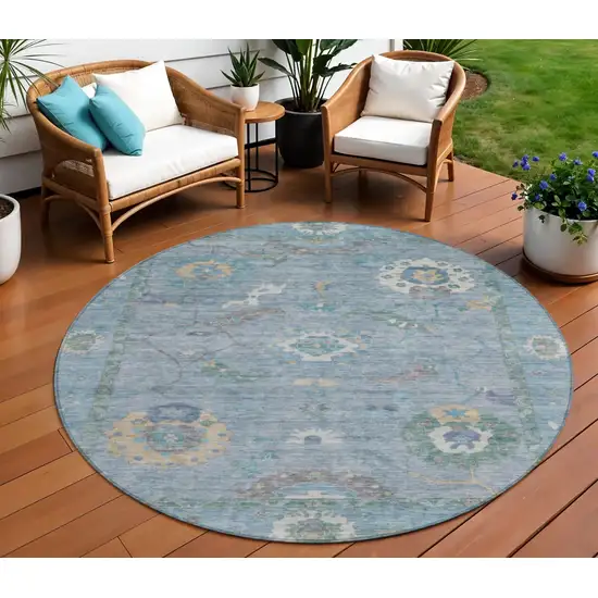 8' Sky Blue And Ivory Round Floral Medallion Washable Indoor Outdoor Area Rug Photo 1
