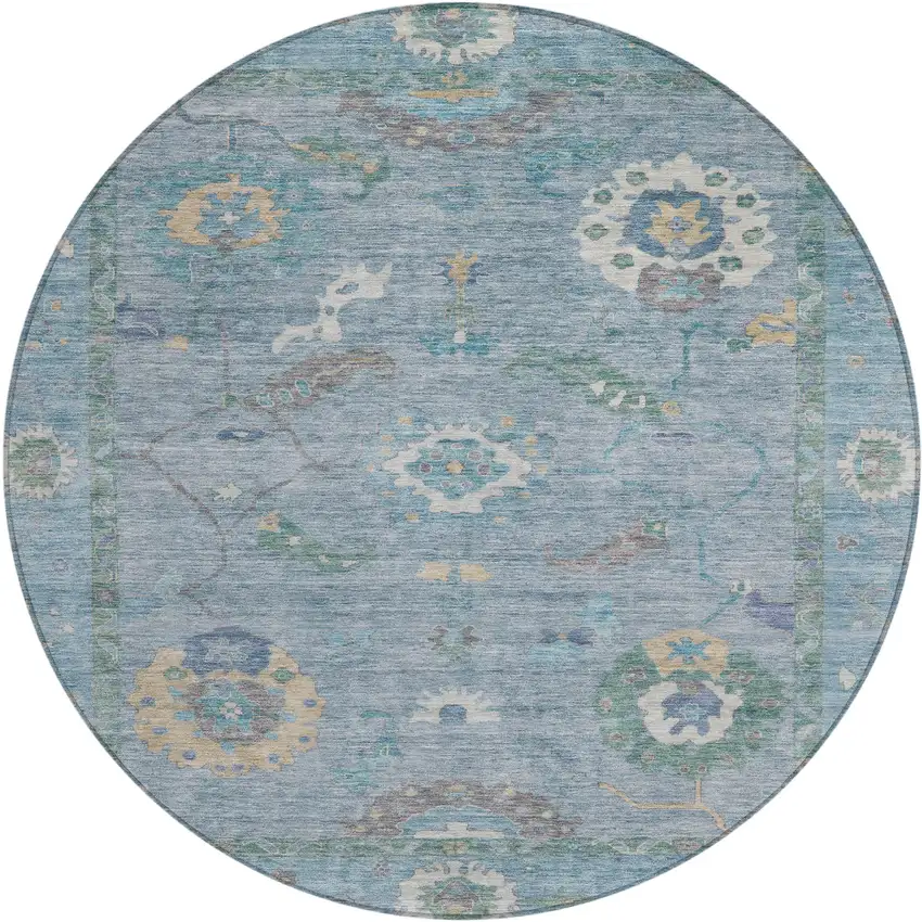 8' Sky Blue And Ivory Round Floral Medallion Washable Indoor Outdoor Area Rug Photo 2