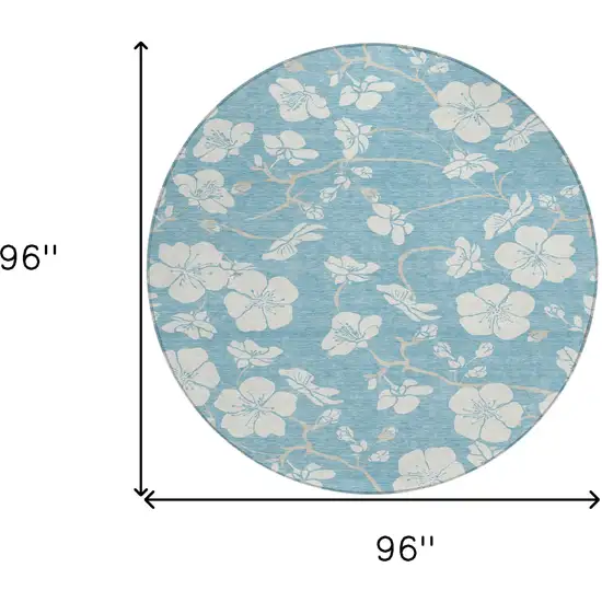 8' Sky Blue And Ivory Round Floral Washable Indoor Outdoor Area Rug Photo 3