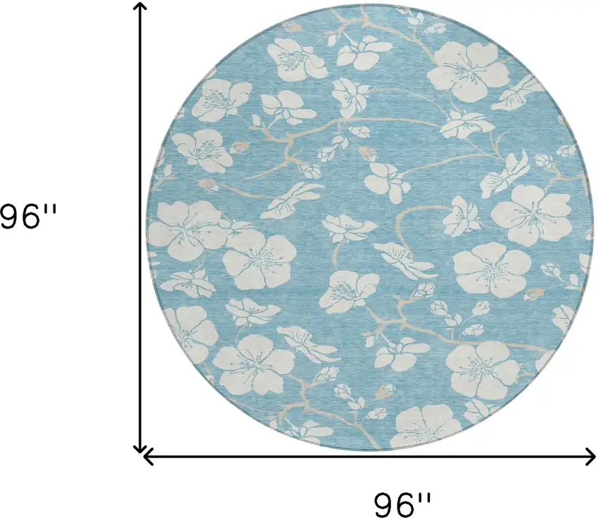 8' Sky Blue And Ivory Round Floral Washable Indoor Outdoor Area Rug Photo 3