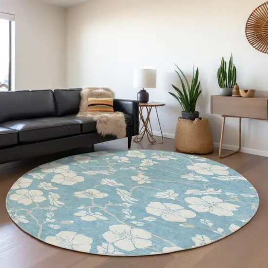 8' Sky Blue And Ivory Round Floral Washable Indoor Outdoor Area Rug Photo 7