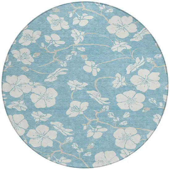 8' Sky Blue And Ivory Round Floral Washable Indoor Outdoor Area Rug Photo 4