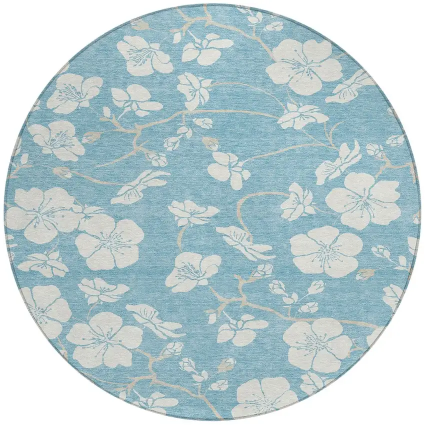 8' Sky Blue And Ivory Round Floral Washable Indoor Outdoor Area Rug Photo 4