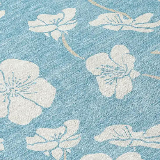 8' Sky Blue And Ivory Round Floral Washable Indoor Outdoor Area Rug Photo 8