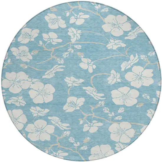 8' Sky Blue And Ivory Round Floral Washable Indoor Outdoor Area Rug Photo 2