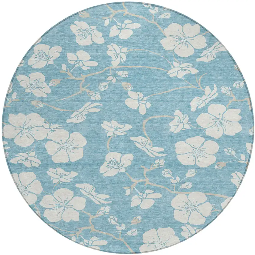 8' Sky Blue And Ivory Round Floral Washable Indoor Outdoor Area Rug Photo 2