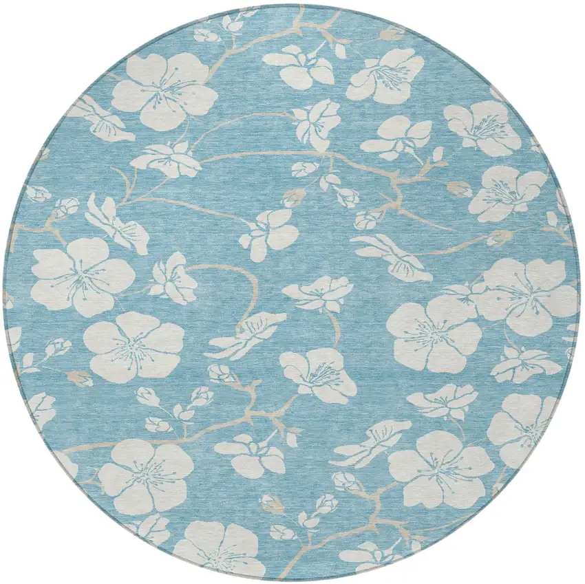 8' Sky Blue And Ivory Round Floral Washable Indoor Outdoor Area Rug Photo 5