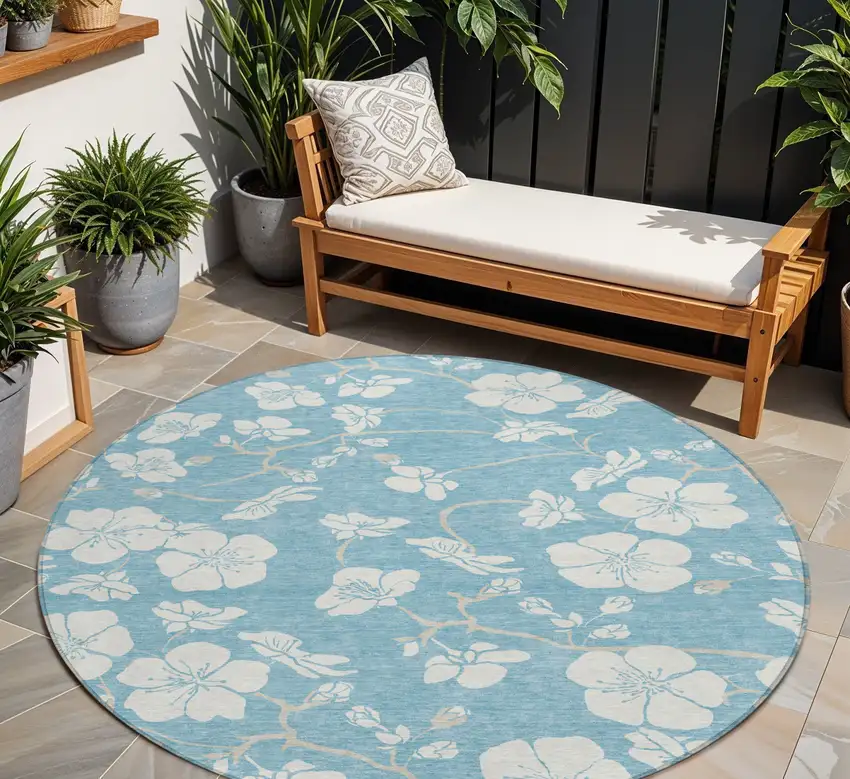 8' Sky Blue And Ivory Round Floral Washable Indoor Outdoor Area Rug Photo 1