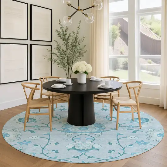 8' Sky Blue And Ivory Round Floral Washable Indoor Outdoor Area Rug Photo 8