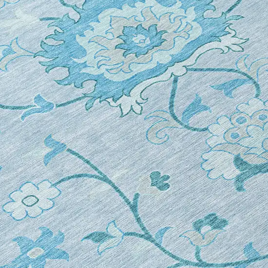 8' Sky Blue And Ivory Round Floral Washable Indoor Outdoor Area Rug Photo 9