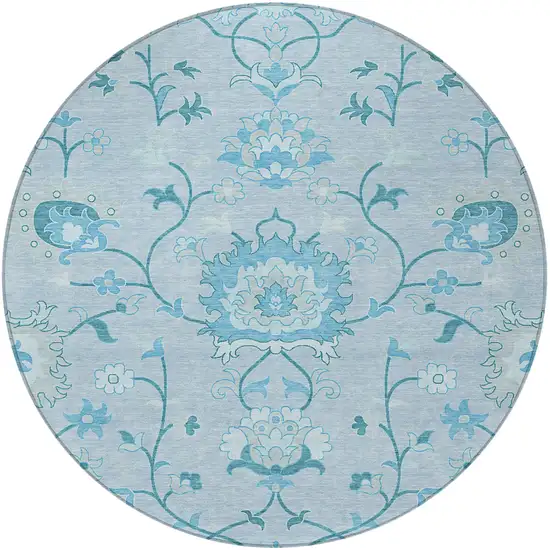 8' Sky Blue And Ivory Round Floral Washable Indoor Outdoor Area Rug Photo 4