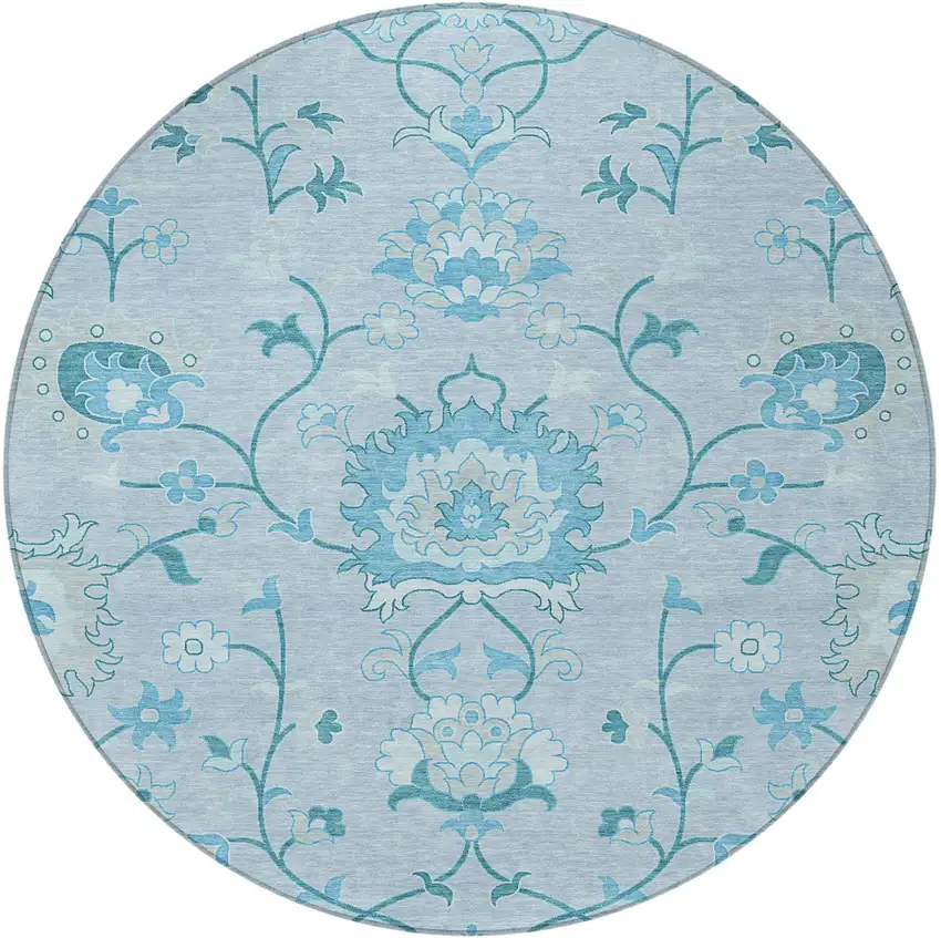 8' Sky Blue And Ivory Round Floral Washable Indoor Outdoor Area Rug Photo 4