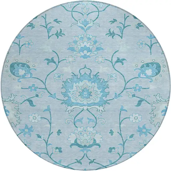 8' Sky Blue And Ivory Round Floral Washable Indoor Outdoor Area Rug Photo 2