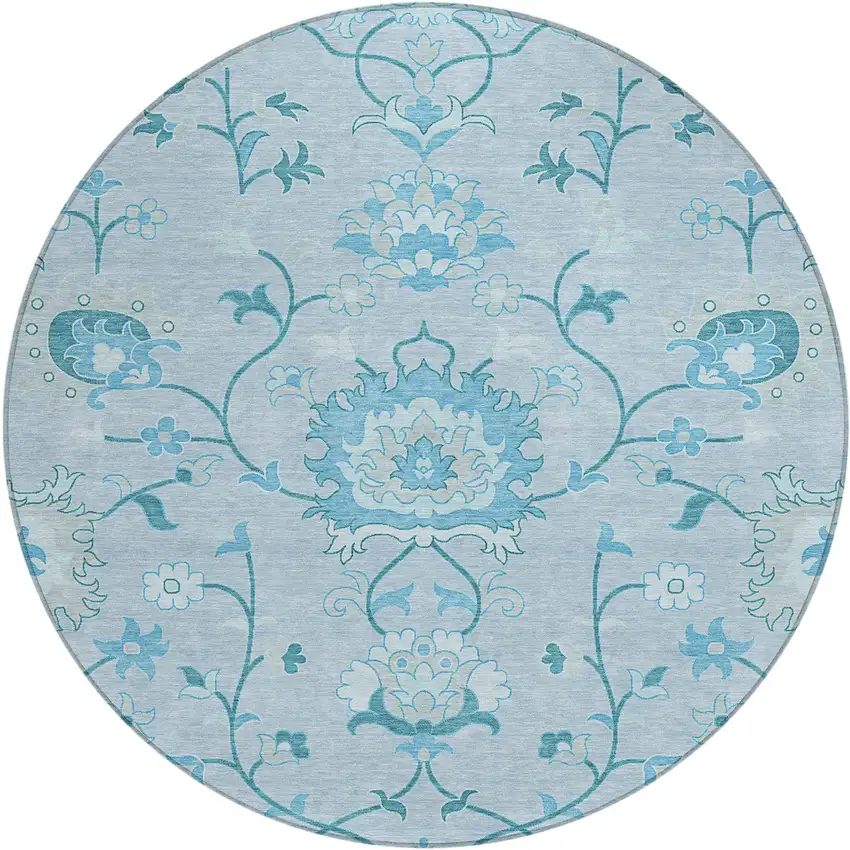 8' Sky Blue And Ivory Round Floral Washable Indoor Outdoor Area Rug Photo 2