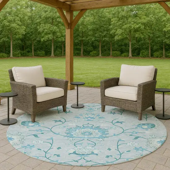 8' Sky Blue And Ivory Round Floral Washable Indoor Outdoor Area Rug Photo 7
