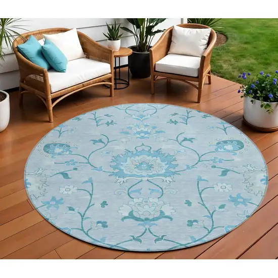 8' Sky Blue And Ivory Round Floral Washable Indoor Outdoor Area Rug Photo 1