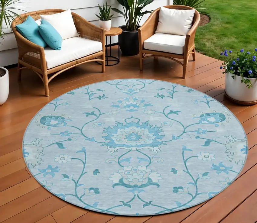 8' Sky Blue And Ivory Round Floral Washable Indoor Outdoor Area Rug Photo 1