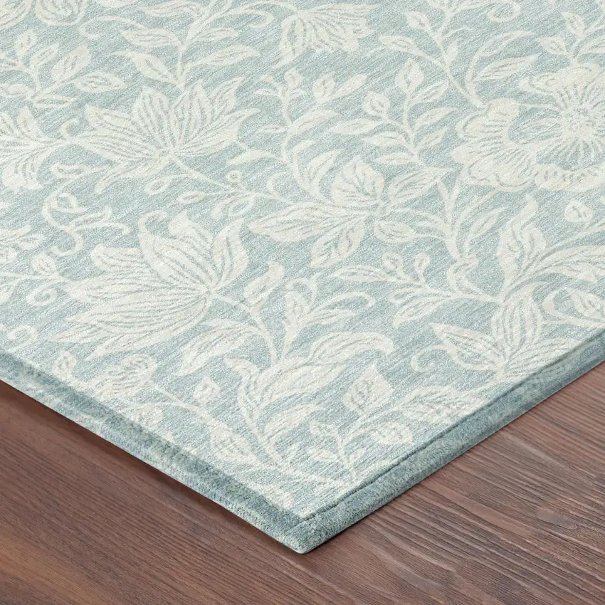 8' Sky Blue And Ivory Round Floral Washable Indoor Outdoor Area Rug Photo 4