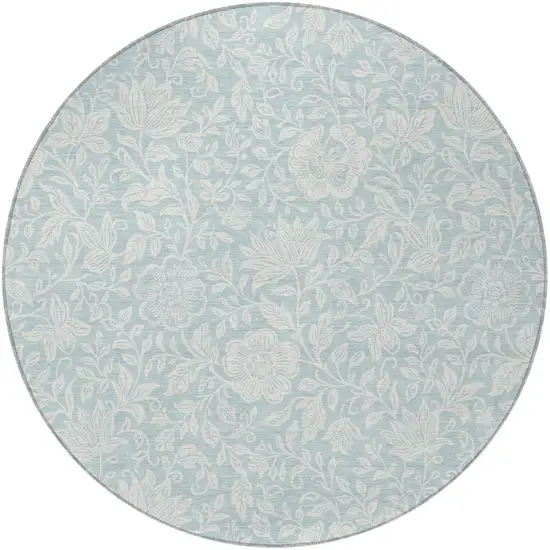 8' Sky Blue And Ivory Round Floral Washable Indoor Outdoor Area Rug Photo 3