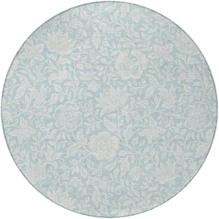 8' Sky Blue And Ivory Round Floral Washable Indoor Outdoor Area Rug Photo 3