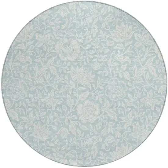8' Sky Blue And Ivory Round Floral Washable Indoor Outdoor Area Rug Photo 1