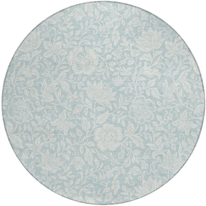 8' Sky Blue And Ivory Round Floral Washable Indoor Outdoor Area Rug Photo 1