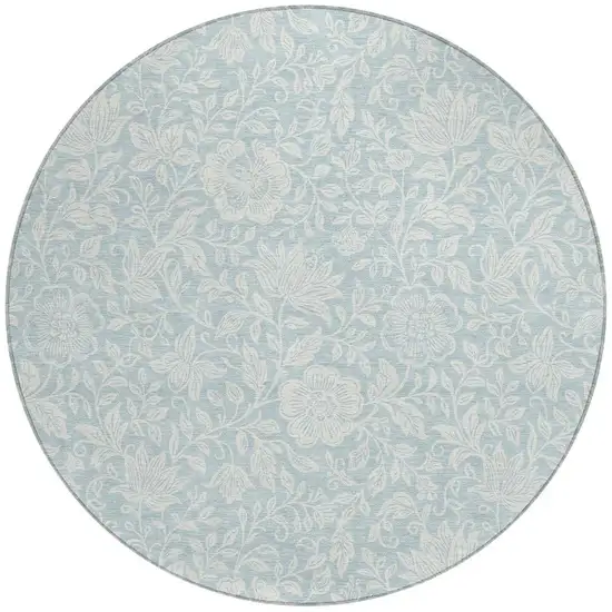 8' Sky Blue And Ivory Round Floral Washable Indoor Outdoor Area Rug Photo 2