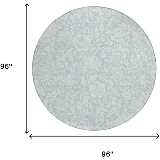 8' Sky Blue And Ivory Round Floral Washable Indoor Outdoor Area Rug Photo 6