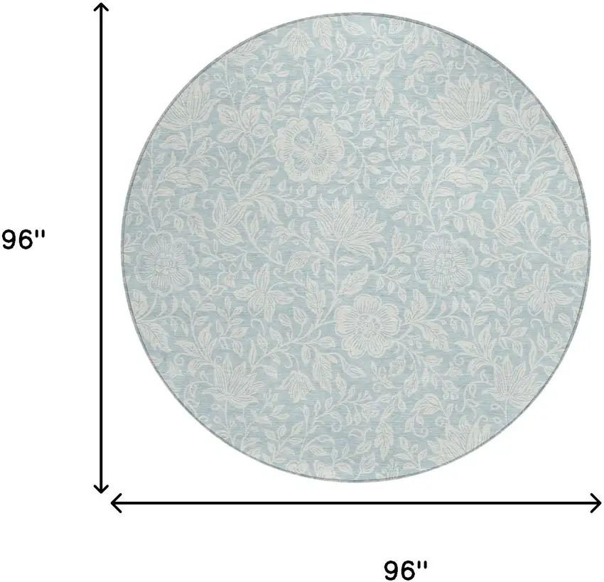 8' Sky Blue And Ivory Round Floral Washable Indoor Outdoor Area Rug Photo 6
