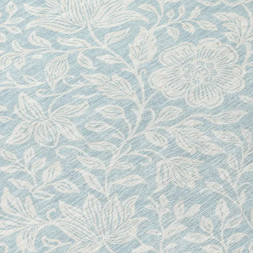 8' Sky Blue And Ivory Round Floral Washable Indoor Outdoor Area Rug Photo 5
