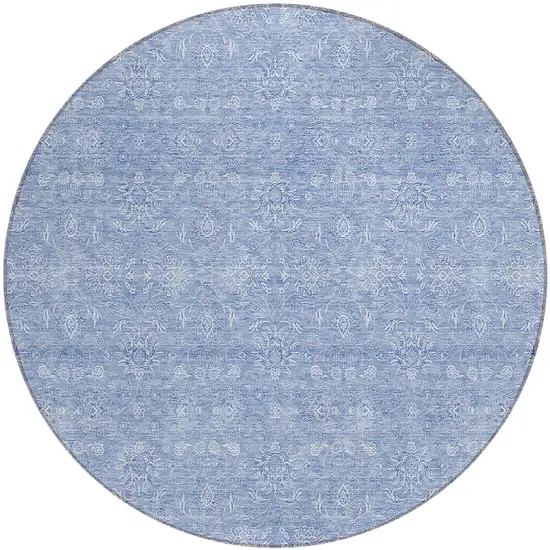 8' Sky Blue And Ivory Round Floral Washable Indoor Outdoor Area Rug Photo 1