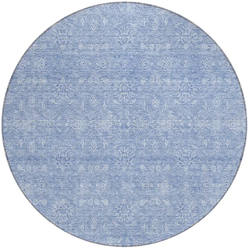 8' Sky Blue And Ivory Round Floral Washable Indoor Outdoor Area Rug Photo 1