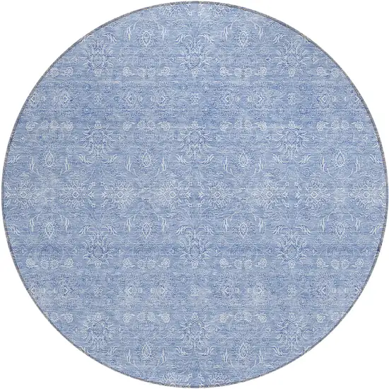 8' Sky Blue And Ivory Round Floral Washable Indoor Outdoor Area Rug Photo 1