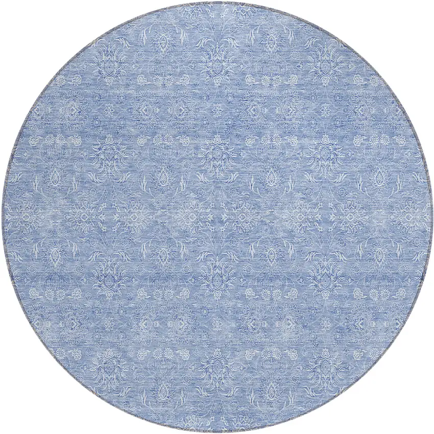 8' Sky Blue And Ivory Round Floral Washable Indoor Outdoor Area Rug Photo 1