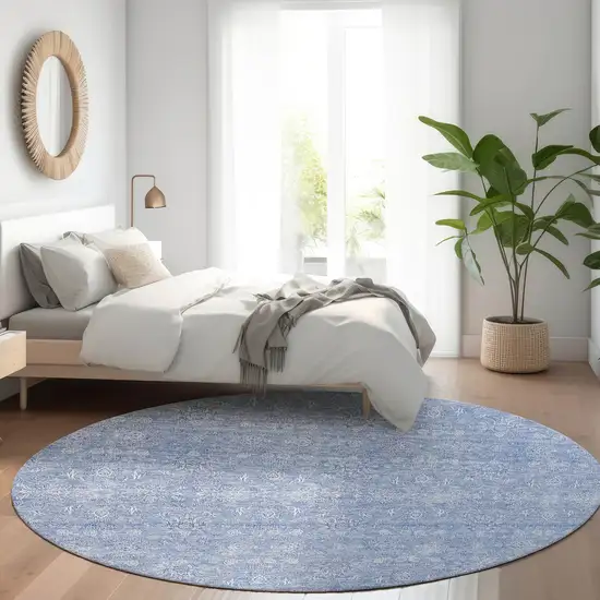 8' Sky Blue And Ivory Round Floral Washable Indoor Outdoor Area Rug Photo 6