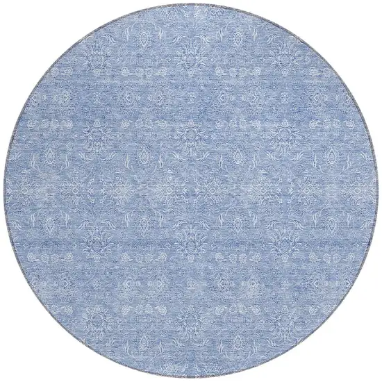 8' Sky Blue And Ivory Round Floral Washable Indoor Outdoor Area Rug Photo 4
