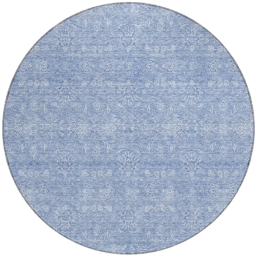 8' Sky Blue And Ivory Round Floral Washable Indoor Outdoor Area Rug Photo 4