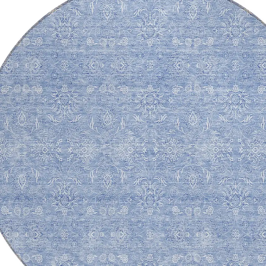 8' Sky Blue And Ivory Round Floral Washable Indoor Outdoor Area Rug Photo 3