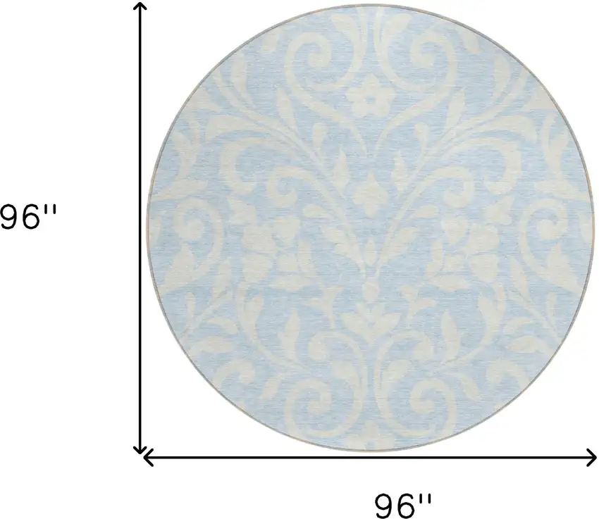 8' Sky Blue And Ivory Round Floral Washable Indoor Outdoor Area Rug Photo 3