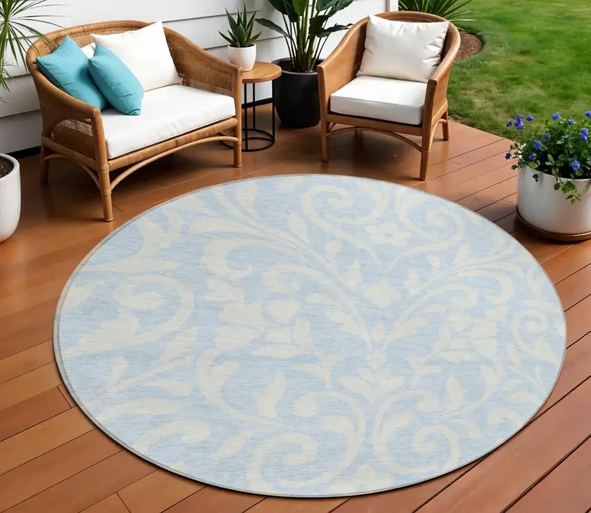 8' Sky Blue And Ivory Round Floral Washable Indoor Outdoor Area Rug Photo 1
